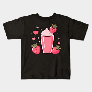 Cute Strawberry Milkshake Ice Cream with Strawberries and Hearts | Kawaii Style Kids T-Shirt